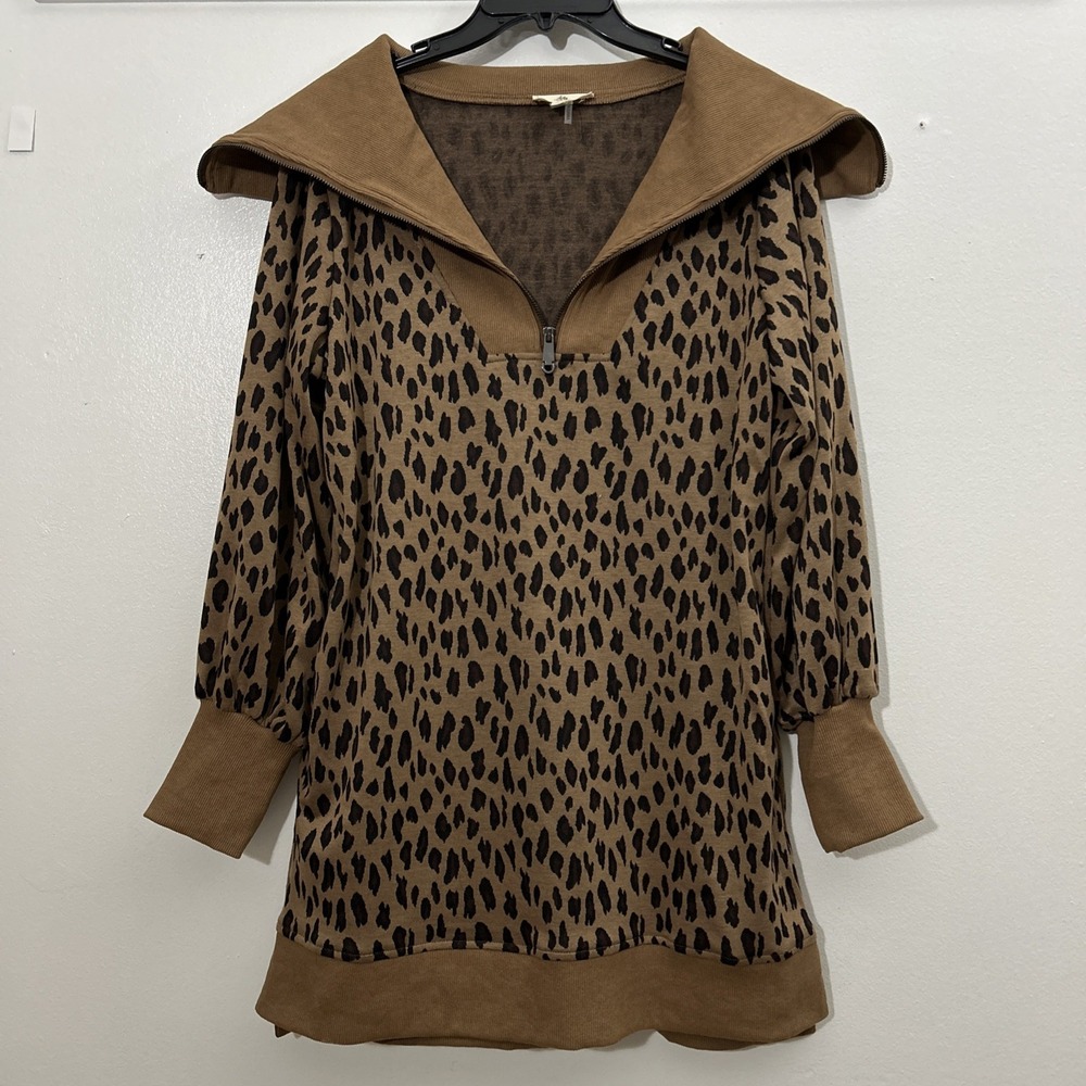 Entro Women S Sweatshirt Dress Brown Leopard Printâ Pockets Zip Cowl Neck 6248